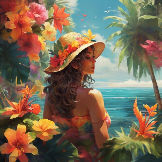 Молодая женщина в шляпе сидит рядом с морем в цветах Тропический пейзаж