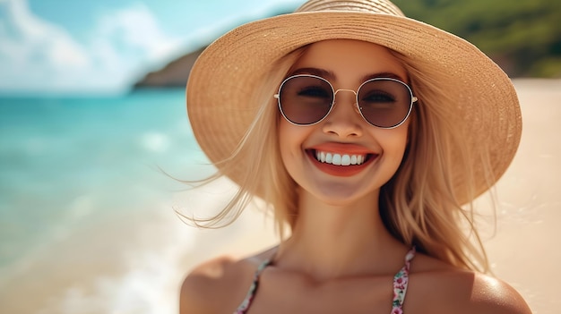 Foto giovane donna con un cappello e occhiali da sole sullo sfondo della riva blu