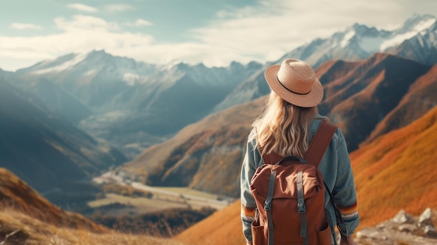 young woman in a hat with a backpack stands in the mountains