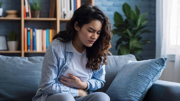 Photo young woman haviing abdominal pain because of menstruation lying in couch and holding her stomach