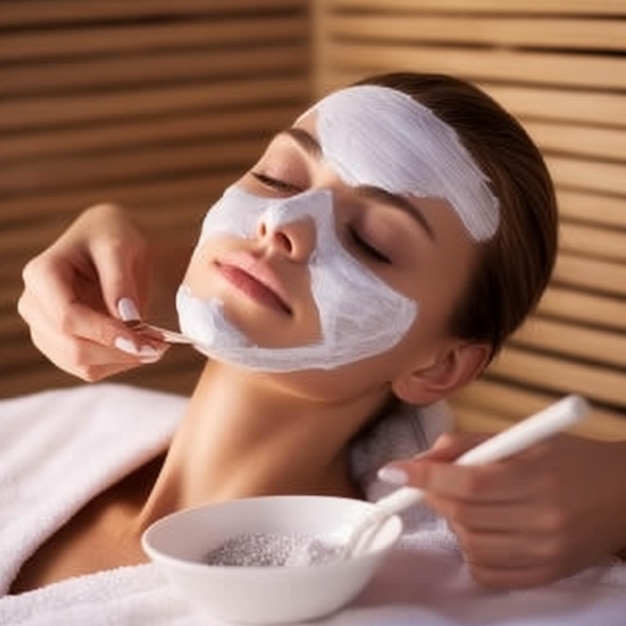 Young woman having facial mask in spa salon Skin care concept
