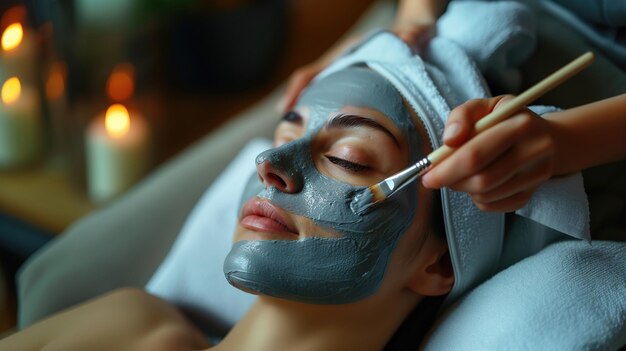 Photo young woman having facial mask spa therapy in beauty salon