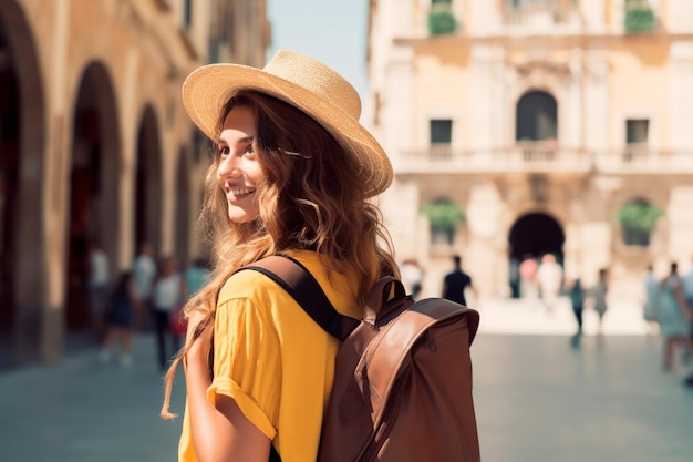 Foto giovane donna che si diverte a camminare in una città in vacanza