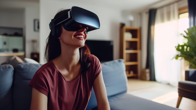 Foto una giovane donna che si diverte con la realtà virtuale come prima esperienza in salotto con l'intelligenza artificiale generativa dello spazio di copia