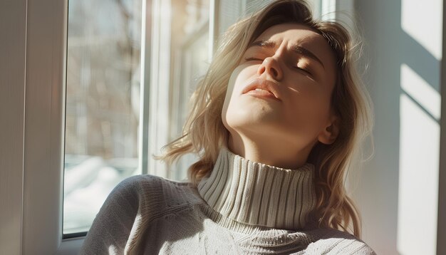 Photo young woman having panic attack near window