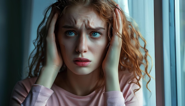 Photo young woman having panic attack near window