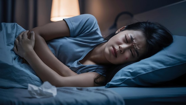 Young woman having stomach ache lying on bed