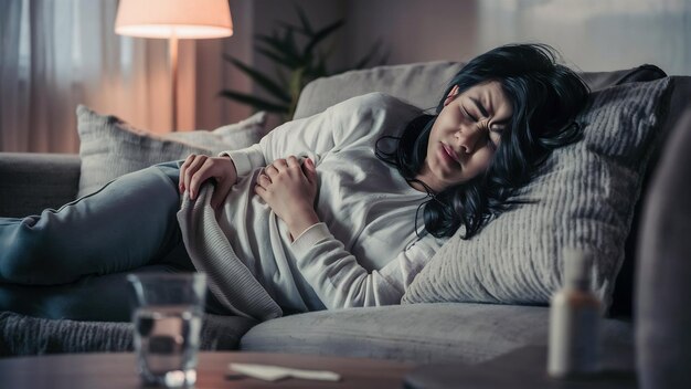 Young woman having stomach ache lying on sofa