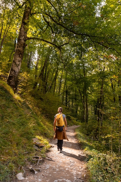 A young woman heading to Passerelle de Holtzarte de Larrau in the forest or jungle of Irati, northern Navarra in Spain and the Pyrenees-Atlantiques of France