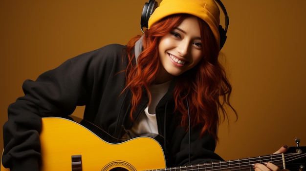 Photo young woman in headphones listening to music and looking away