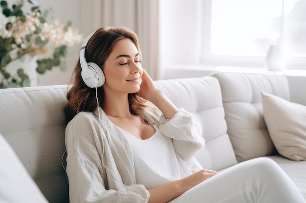 A young woman in headphones listening to music while relaxing on a white sofa in a modern living