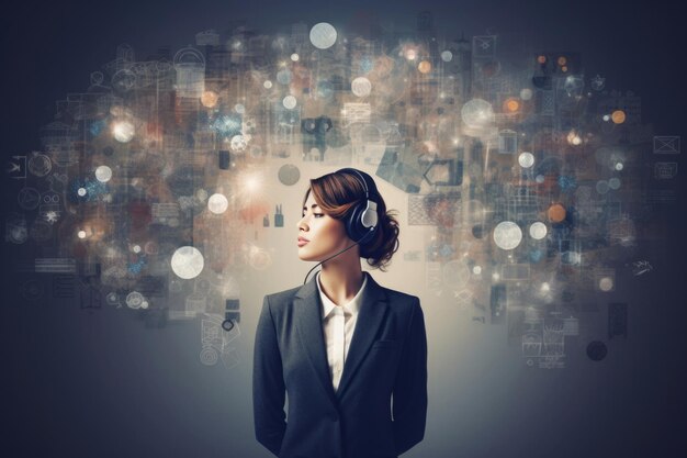 Photo a young woman headphones on sits near a wall with an array of icons signifying the realm of online education and tutorial recordings