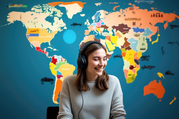 Premium Photo  A young woman in headphones smiles sitting against a 