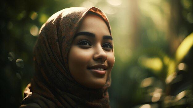 A young woman in a headscarf smiles at the camera.