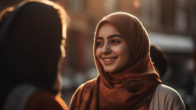 A young woman in a headscarf smiles at the camera.