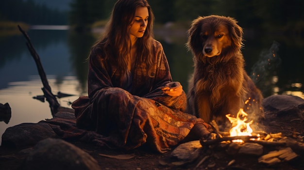 Young woman and her dog are sitting on the shore