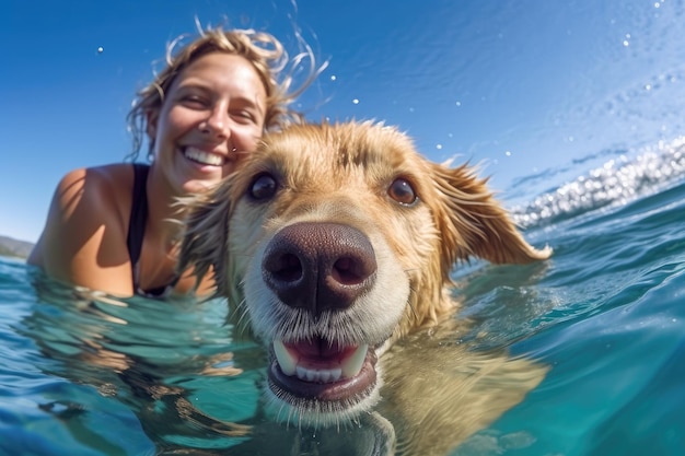 Young woman and her dog using supboard Generative AI