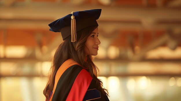 Photo a young woman in her early 20s is wearing a black graduation cap and gown she has long dark hair and a smile on her face