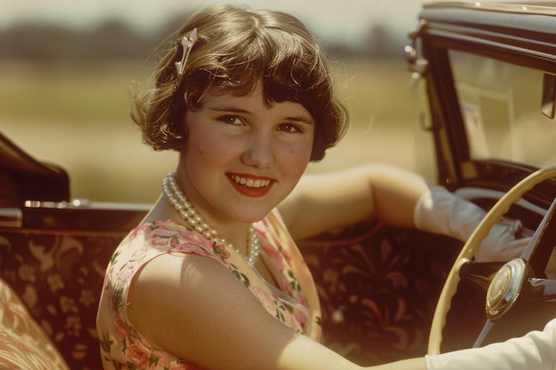 Молодая женщина в подростковом возрасте сидит в старинной машине