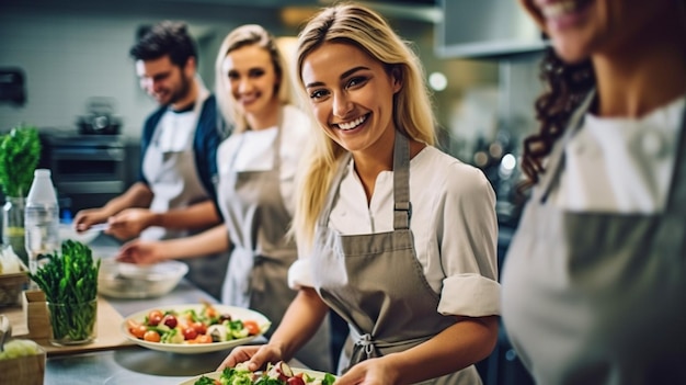 A young woman and her pals are learning culinary skills in the kitchen while taking a cooking class Generative AI