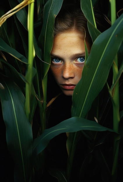 young woman hides among the plants in a cornfield