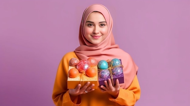 A Young woman in a hijab holds a gift box in hands