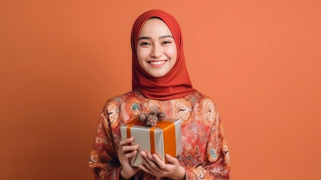 A Young woman in a hijab holds a gift box in hands