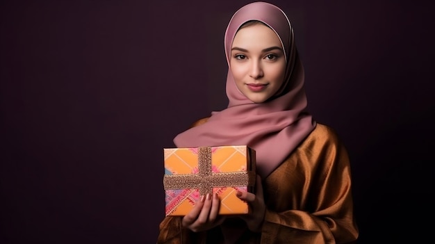 히잡을 쓴 젊은 여성이 손에 선물 상자를 들고 있다