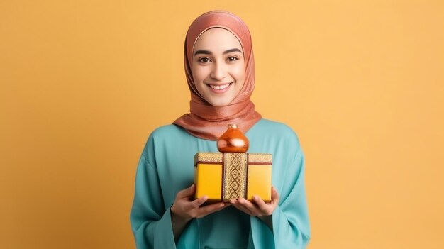 A Young woman in a hijab holds a gift box in hands