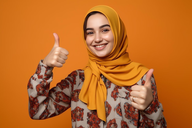 A young woman in a hijab with a yellow hijab on her head smiles and shows a thumbs up