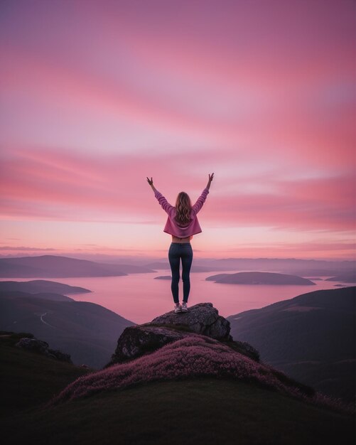 young woman hiker open arms on top of a mountain at sunrise ai generative