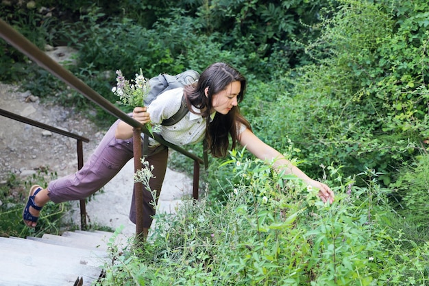 Young woman hiker with backpack holds handrails of stairs on forest path and collects wildflowers