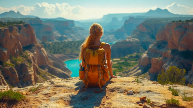 Young woman hiker with a backpack sits on the edge of a cliff and looks into the distance