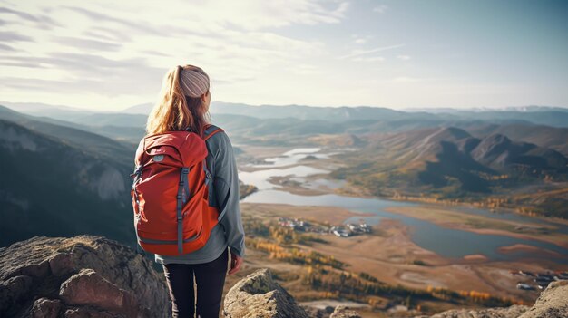 Young woman hiker with backpack standing on top of the mountain and looking at the valley