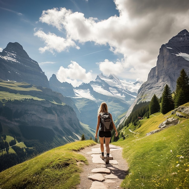 Young woman hiking alone on a mountain trail