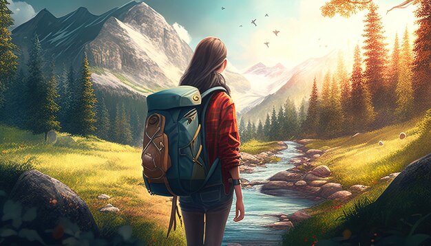 Young woman hiking and going camping digital art illustration Generative AI