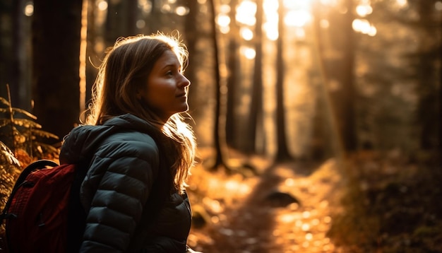 人工知能によって生成された自然の美しさを楽しむ秋の森をハイキングする若い女性