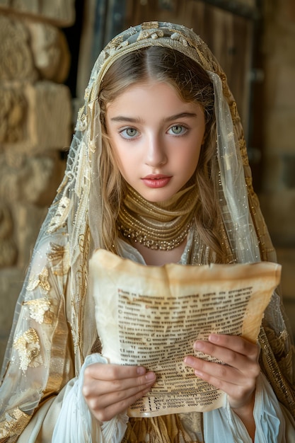 Photo young woman in historical costume reading a manuscript in medieval setting