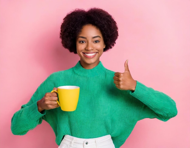 Photo young woman hold coffee cup show thumb up afro dressed stylish green clothes isolated on pink color