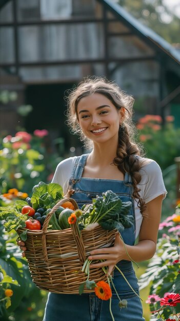 A young woman holding a basket of vegetables in a garden