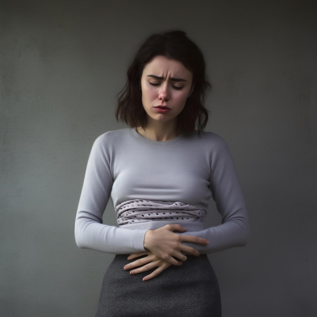 young woman holding belly wincing in pain