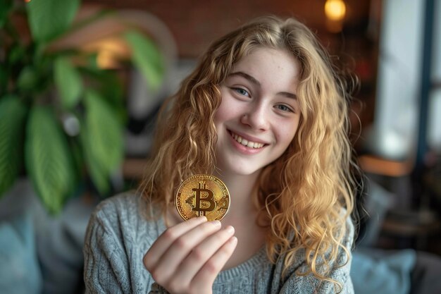 A young woman holding a bitcoin in her hand with a smile on her face