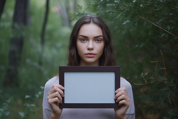 A young woman holding a blank blackboard