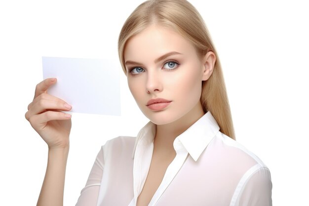 A young woman holding a blank card against a white background created with generative ai