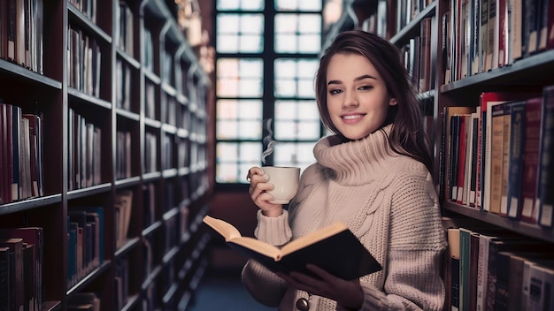 図書館で本を持った若い女性