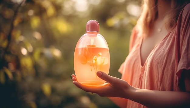 Young woman holding bottle spraying suntan lotion generated by AI