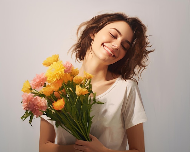 花の花束を持っている若い女性