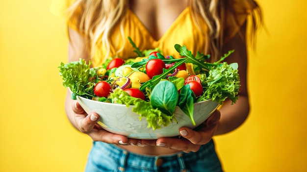 Photo young woman holding a bowl of fresh vegetable salad on a yellow background