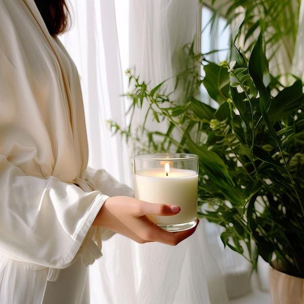 Young woman holding burning candle jar in her hands container candle mockup closeup shot mindfulness