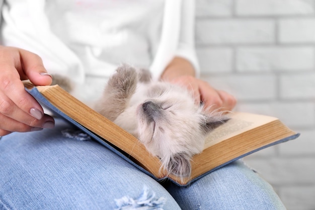 Young woman holding cat and old book closeup